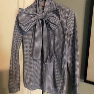 Jason Wu small Pussy Bow blue grey checked long sleeve button down blouse.